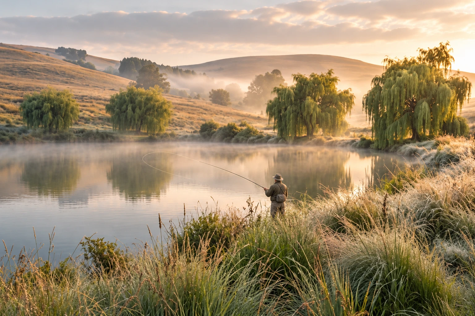 Dullstroom-inspired highland scenery with a fly-fisher beside a misty lake