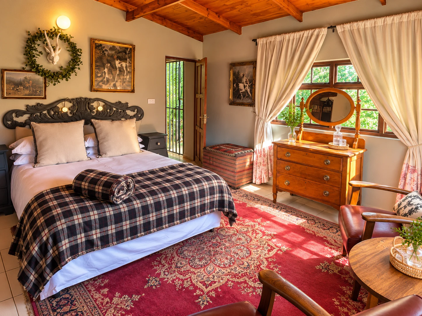 Double bed beside a sunlit window and a persian carpet